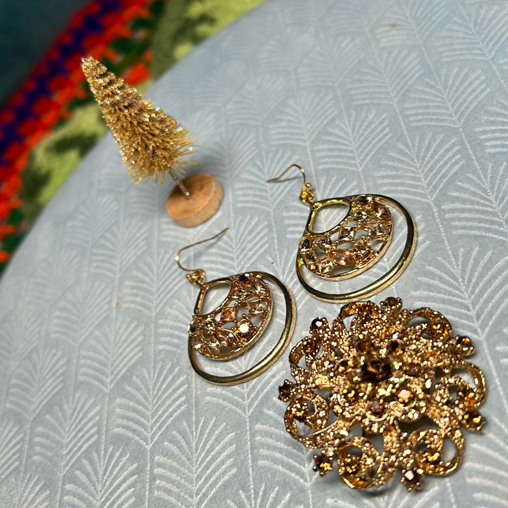 ✨Dazzling brown stone broach and earring set